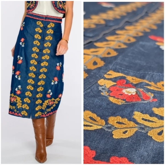 Elizabeth James Dresses & Skirts - NEW Elizabeth James Denim Embroidered Frannie Midi Skirt Western Cowgirl, Sz M